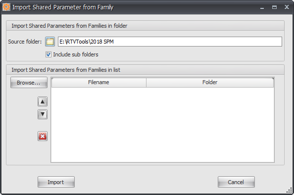 SPM Import parameters specify family folder dialog