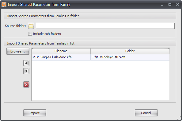 SPM Import parameters specify family list dialog
